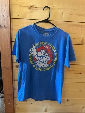 Nintendo Super Mario Text Logo Tee in Blue and Yellow